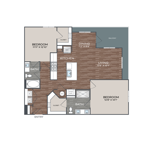 Floor plan for 2 beds, 2 baths, 1223 sqft
